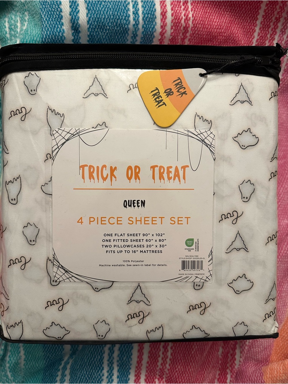 Queen 4-Piece Sheet Set - White with Ghost Pattern NWT!